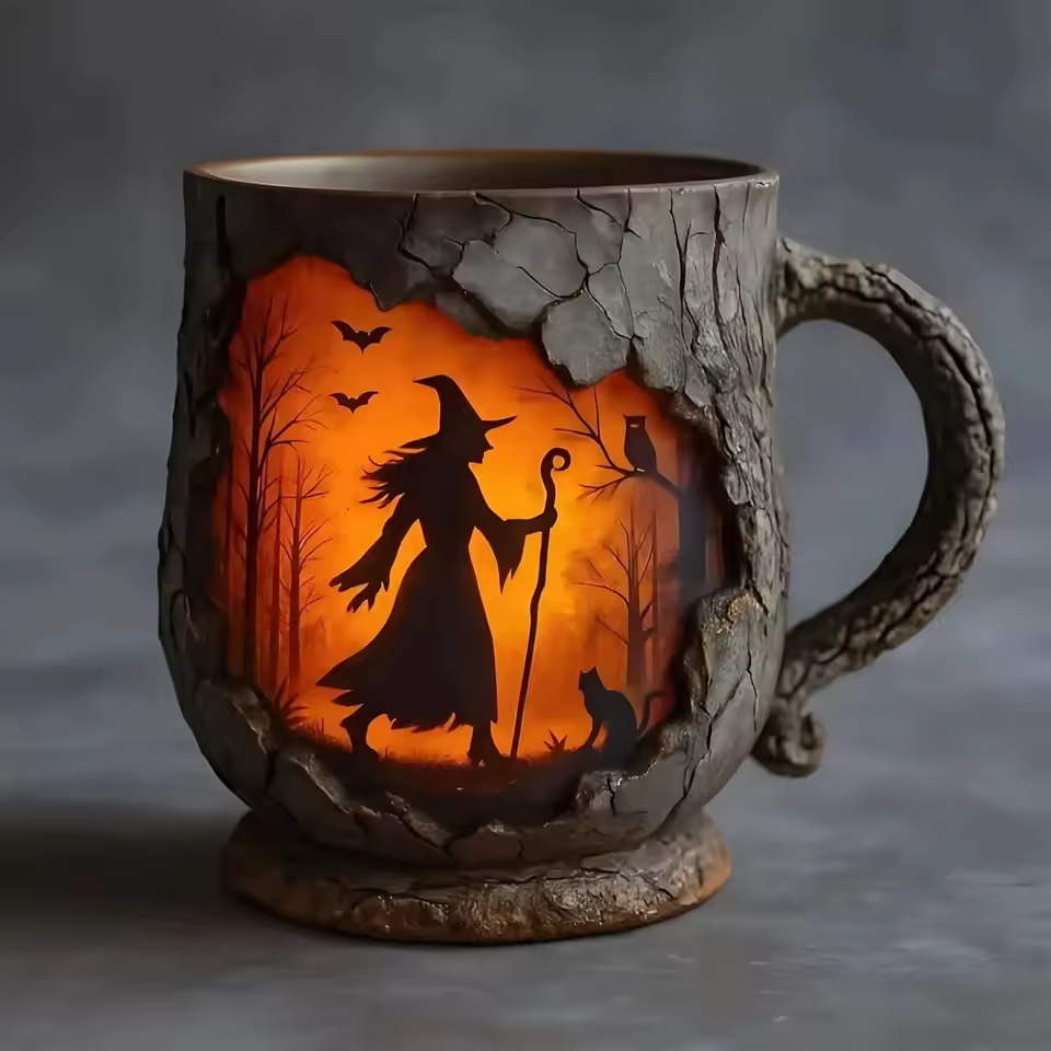 Tasse Halloween Artisan 3D – Avec Design de Sorcière et de Chat
