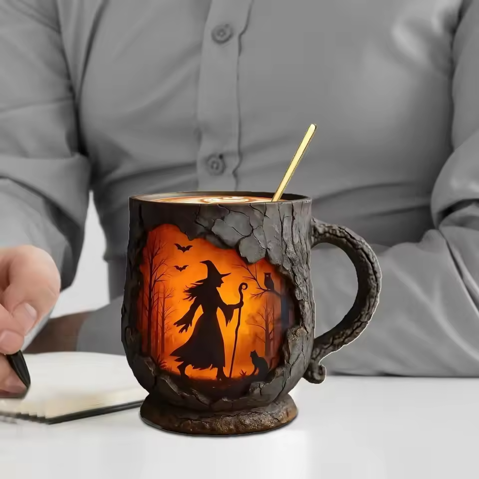 Tasse Halloween Artisan 3D – Avec Design de Sorcière et de Chat