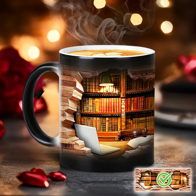 Tasse en Céramique Magique Révélant une Bibliothèque Enchantée