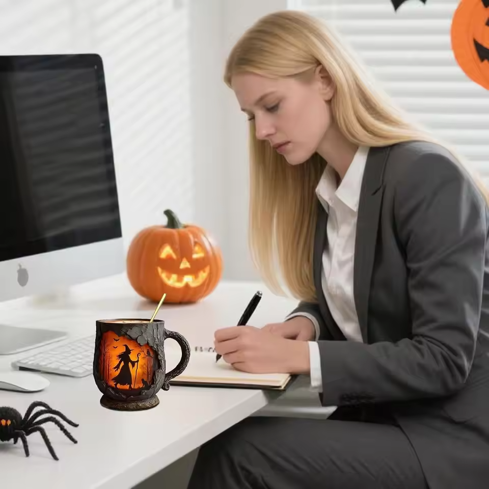 Tasse Halloween Artisan 3D – Avec Design de Sorcière et de Chat